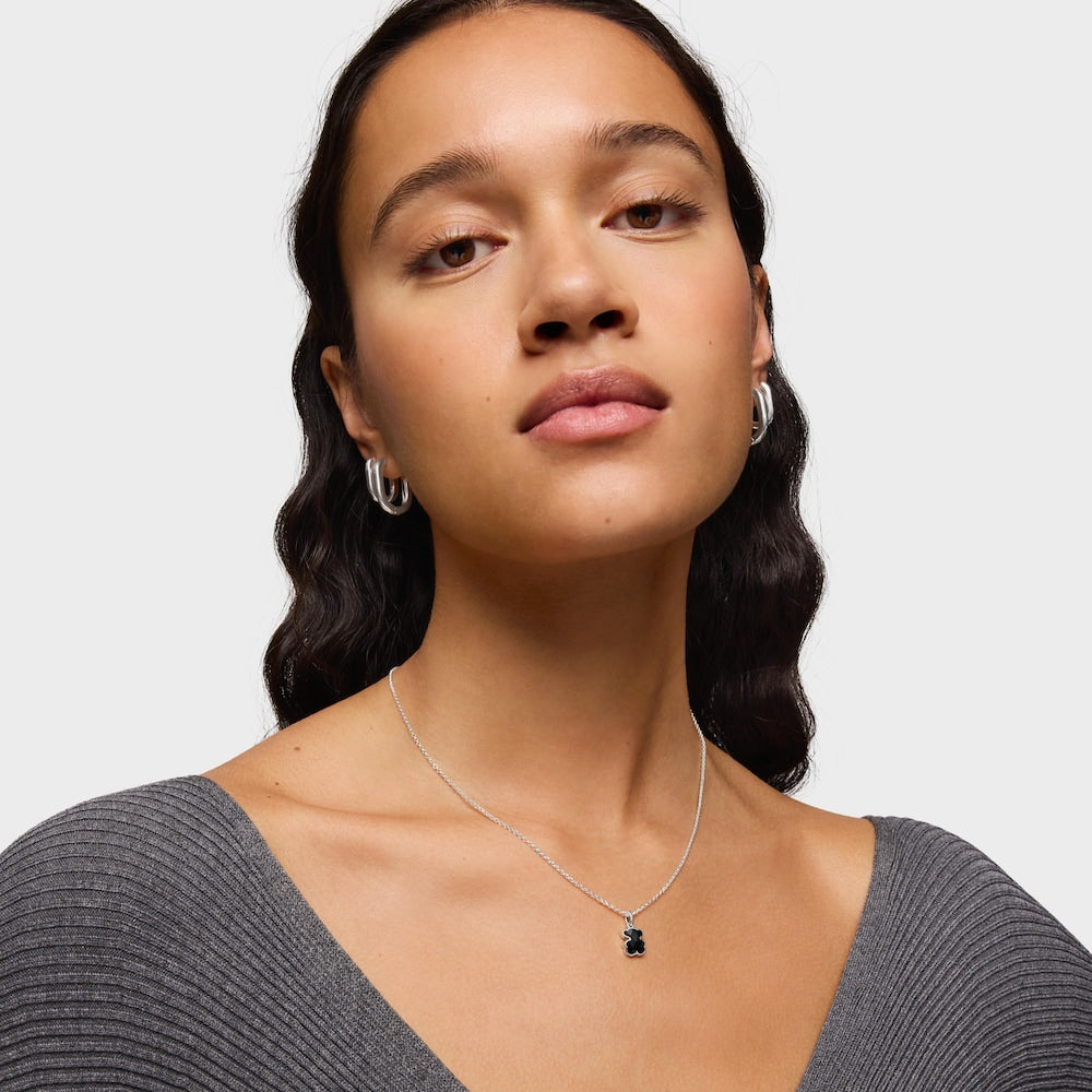 Short silver Necklace with onyx bear motif Icon Color |