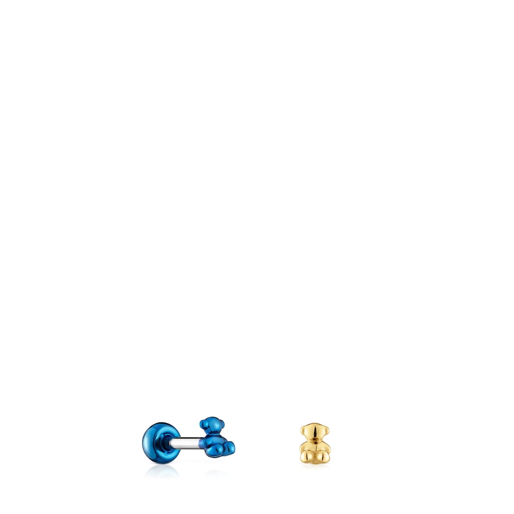 Pack of Bold Bear Ear piercings in gold-colored and blue IP steel |