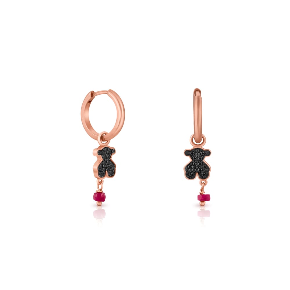 Rose Vermeil Silver Motif Earrings with Spinel and Ruby and Bear motif |