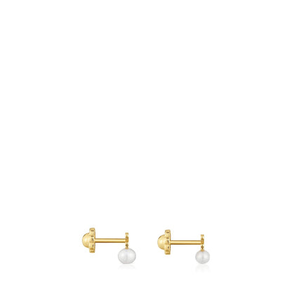 Gold Puppies Earrings with bear motif with a cultured pearl |