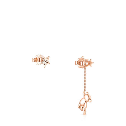 Short-long Rose Silver Vermeil Teddy Bear Stars Earrings with Spinel and Ruby |