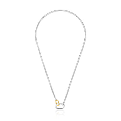 Short silver Necklace with two-tone rings Hold Oval |