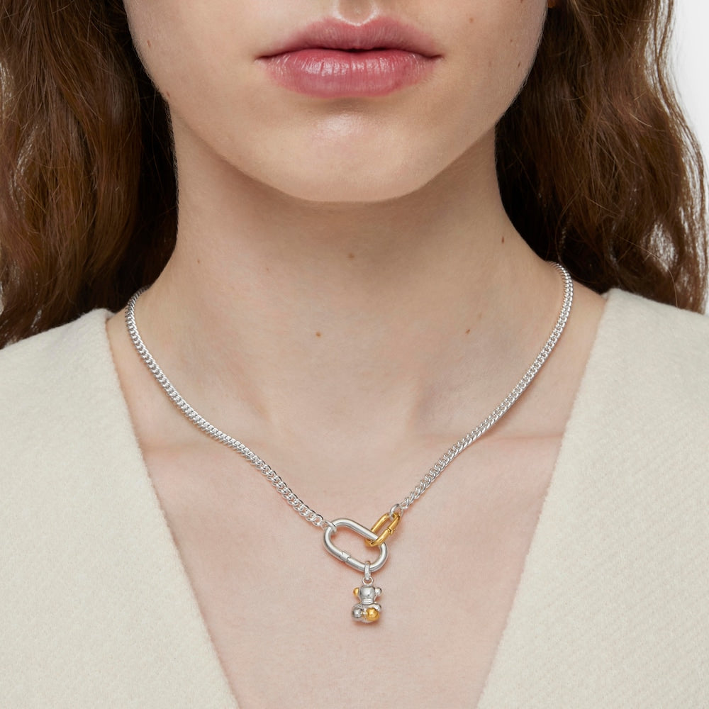 Short silver Necklace with two-tone rings Hold Oval |