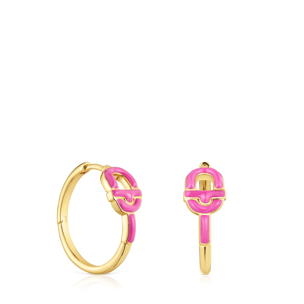 Short Hoop earrings with 18kt gold plating over silver and fuchsia-colored motif