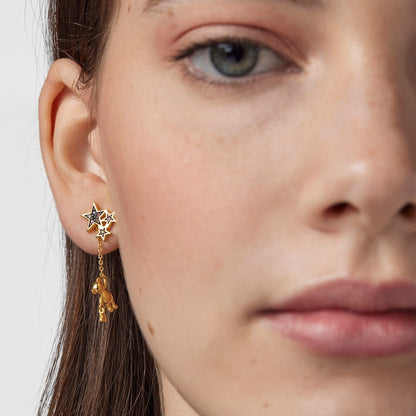 Short-long Silver Vermeil Teddy Bear Stars Earrings with Gemstones |