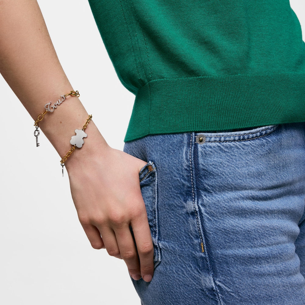 Two-tone steel Chain bracelet with bear charm Charming