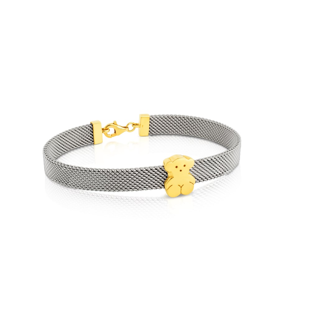 Mesh bracelet in 18kt yellow gold and steel. Size of bear 0.7 cm. Length 16cm