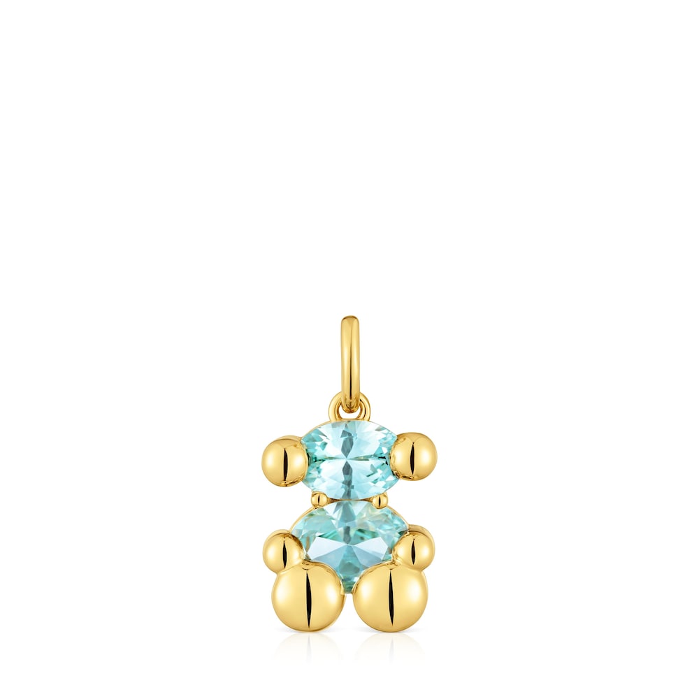 Small 18kt gold plating over silver bear motif Pendant and blue lab-grown sapphire Color Bear LGG |