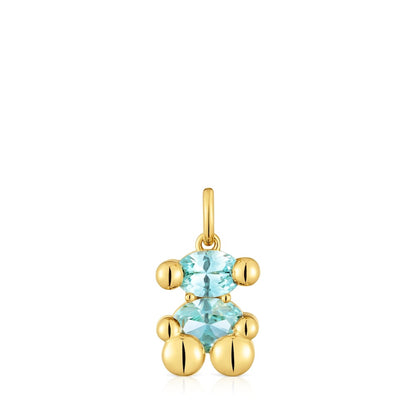Small 18kt gold plating over silver bear motif Pendant and blue lab-grown sapphire Color Bear LGG |