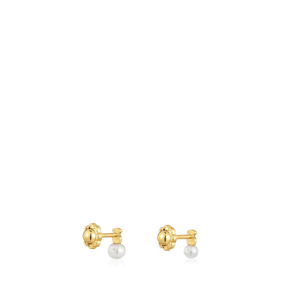 Gold Puppies Earrings with bear motif with a cultured pearl |