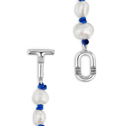 Blue nylon and silver Bracelet with cultured pearls MANIFESTO