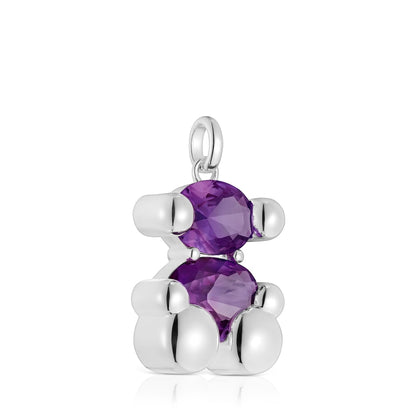 Medium silver bear motif Pendant with lab-grown lilac-colored sapphire Color Bear LGG