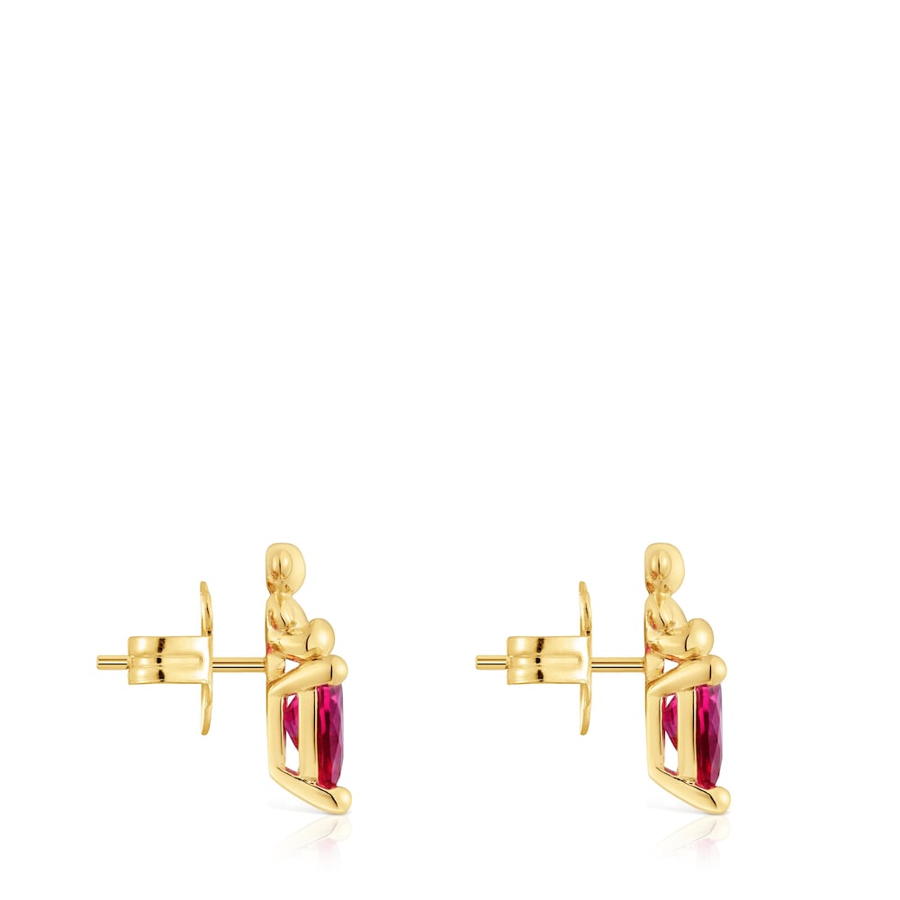 18 kt gold plating over silver bear motif Earrings with lab-grown ruby Bold Bear LGG |