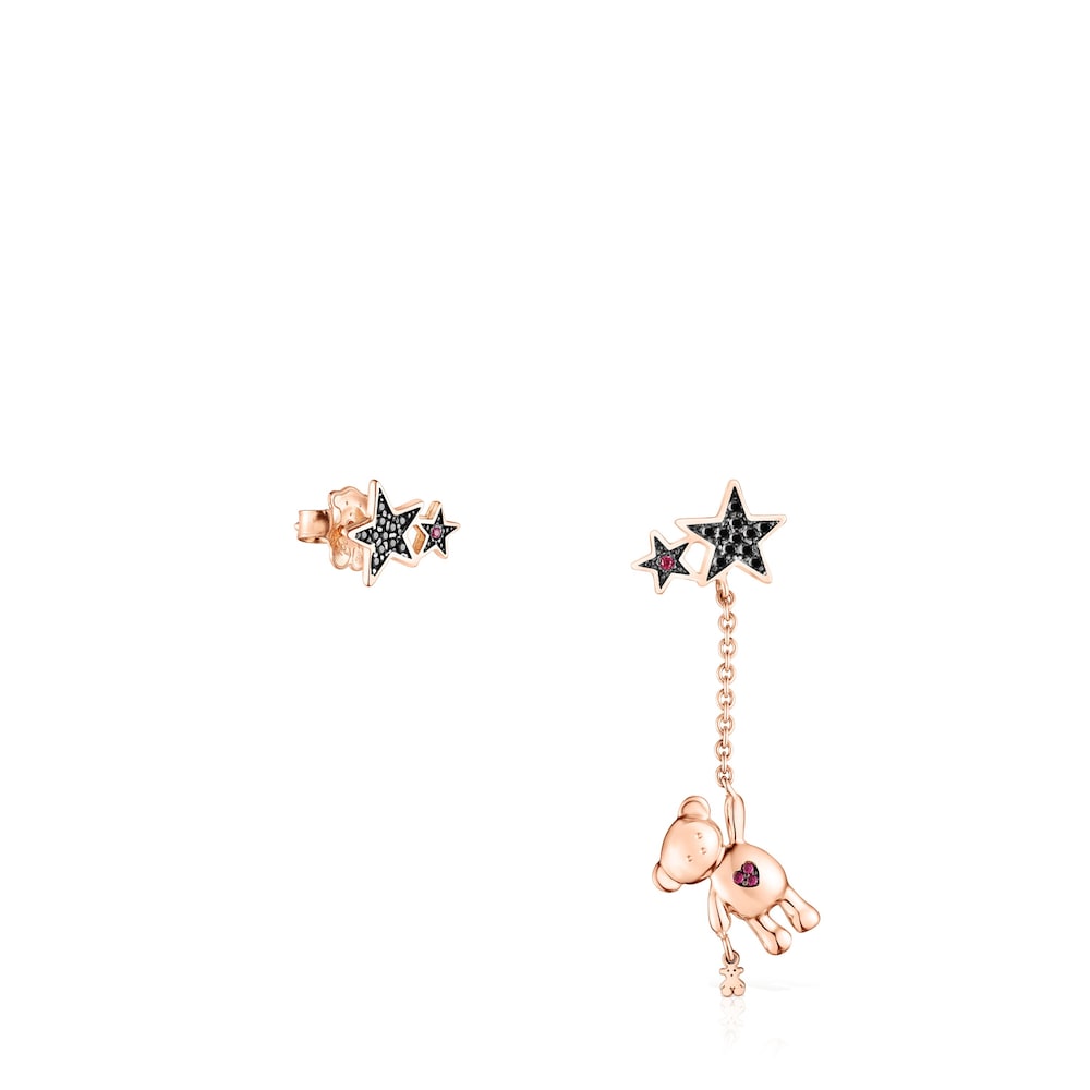 Short-long Rose Silver Vermeil Teddy Bear Stars Earrings with Spinel and Ruby |