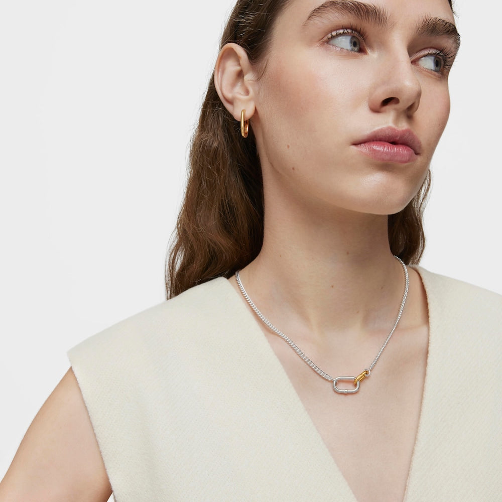 Short silver Necklace with two-tone rings Hold Oval |