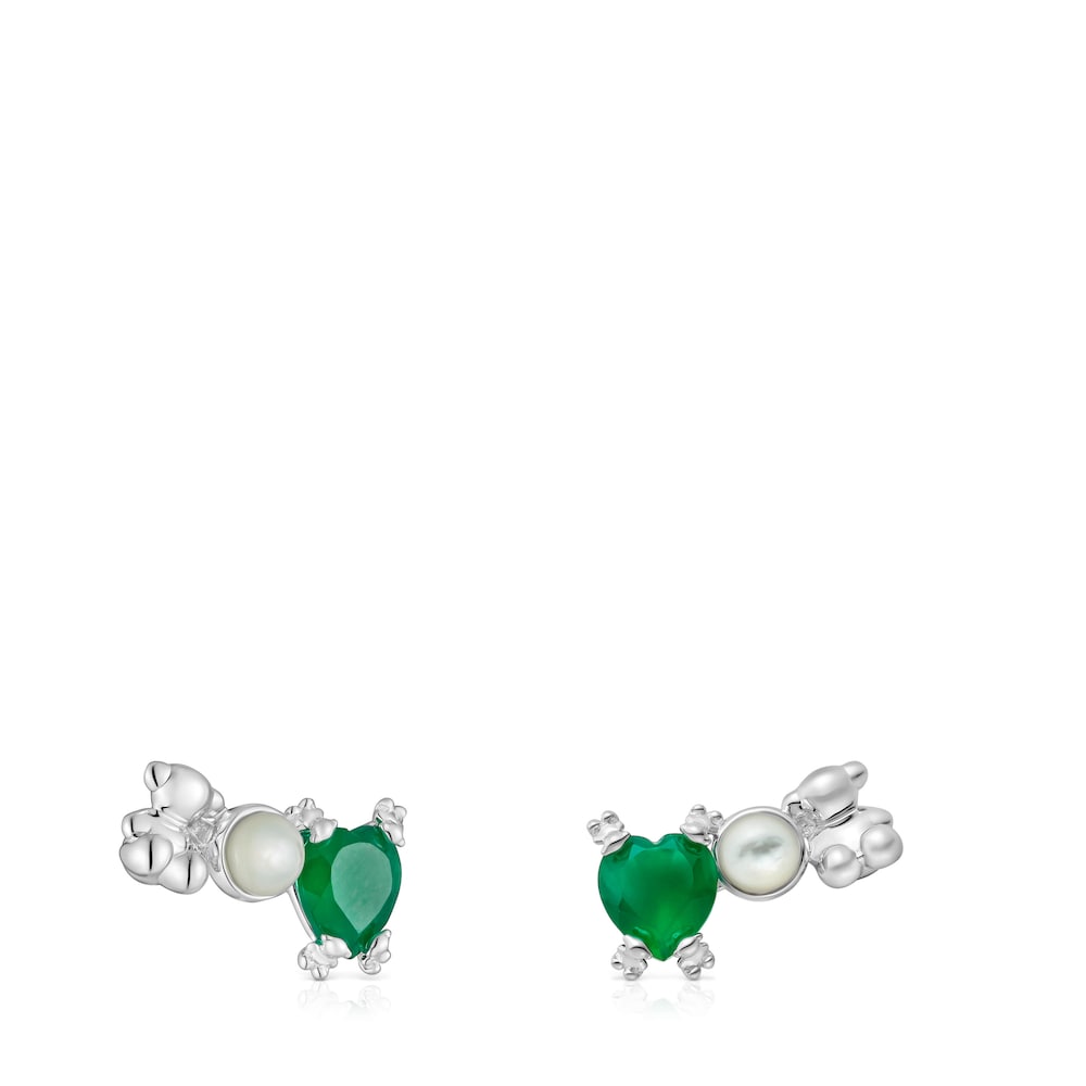 Climber earrings with silver bear, mother of pearl and chalcedony Color Pills |