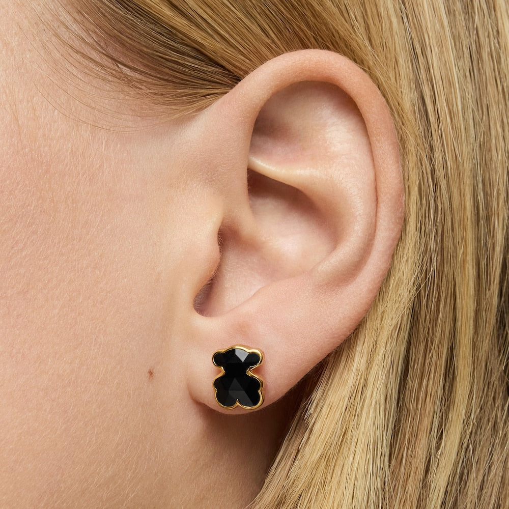 10 mm 18kt gold plating over silver and onyx bear Earrings Icon Color |