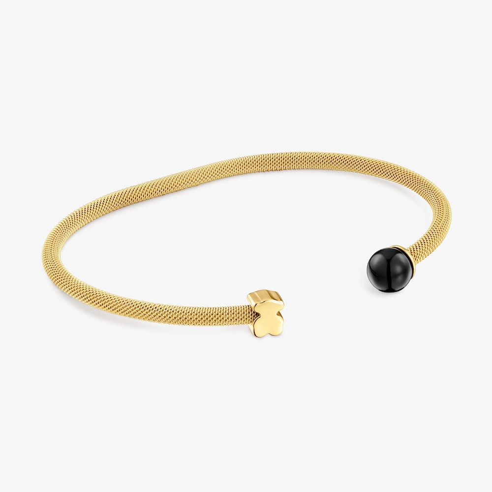 Gold-colored steel Bangle with onyx Icon Mesh