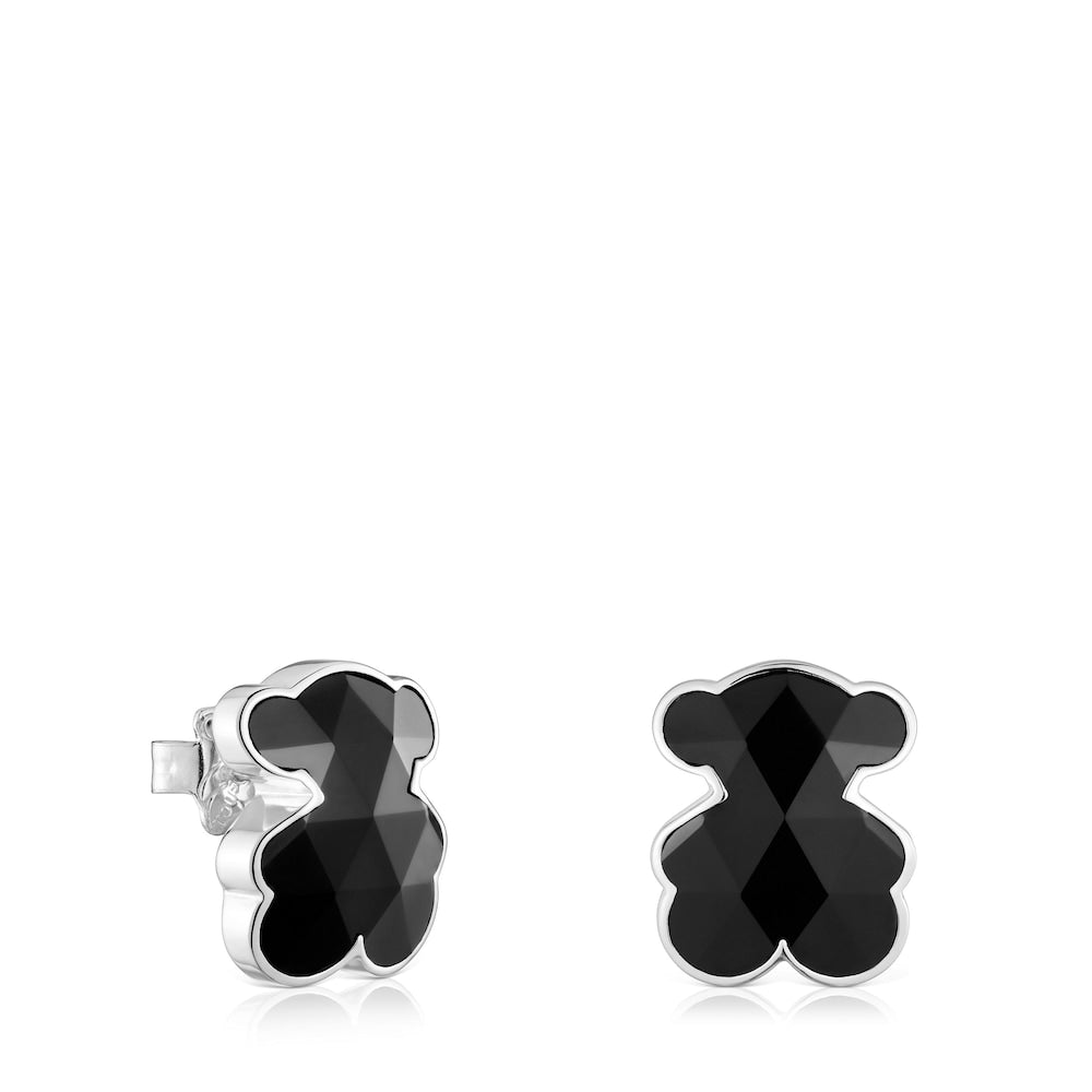 16 mm silver and onyx bear Earrings   Icon Color