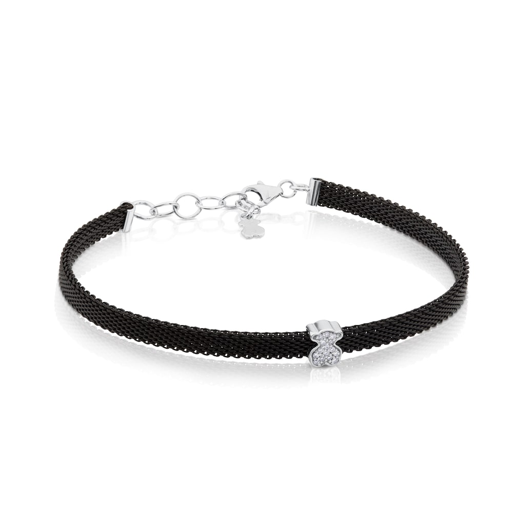 Steel and White Gold Icon Mesh Bracelet with Diamonds Bear motif